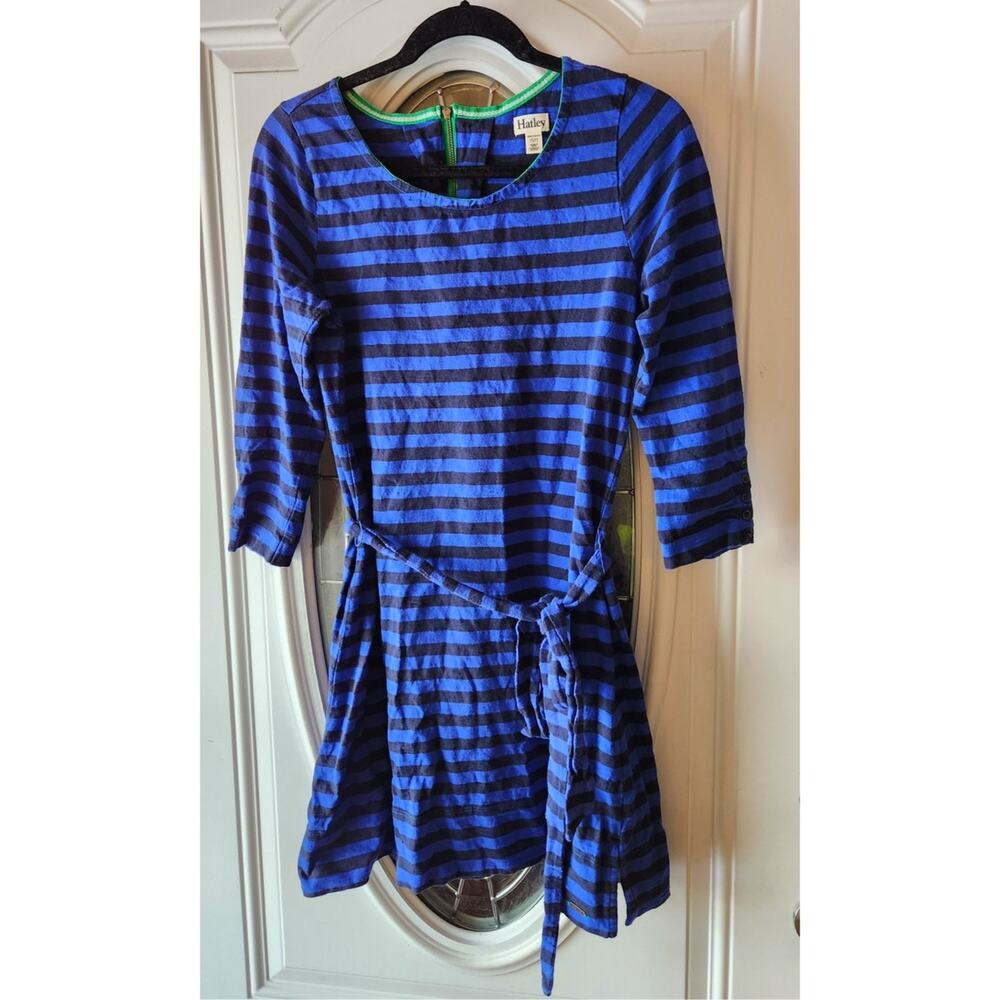 Hatley Blue & Black Striped Knit Midi Dress zip back button sleeve belt Size Med